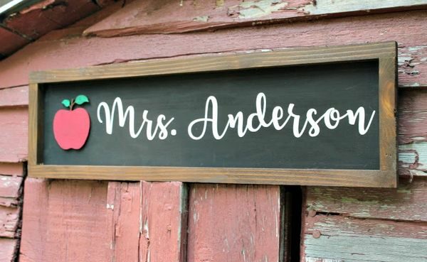 7"x23"" Teacher Name Sign Framed Rustic with apple - Image 5