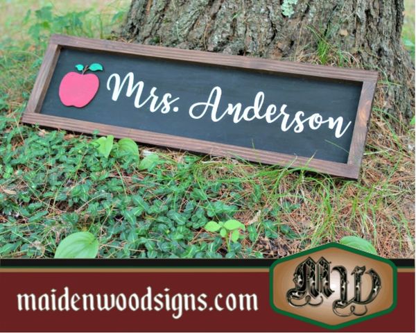 7"x23"" Teacher Name Sign Framed Rustic with apple - Image 3